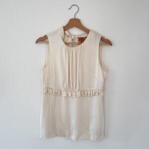 TORY BURCH Silk Cream Sleeveless Ruffled Blouse Sz 8 Elegant Minimal Coquette